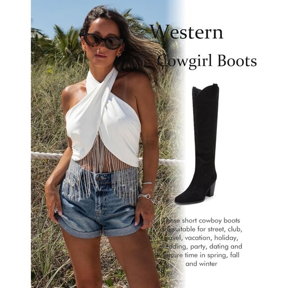 Women Suede Black Cowboy Knee High Chunky Block Heel Square Toe Tall Riding Boot - Picture 5 of 5